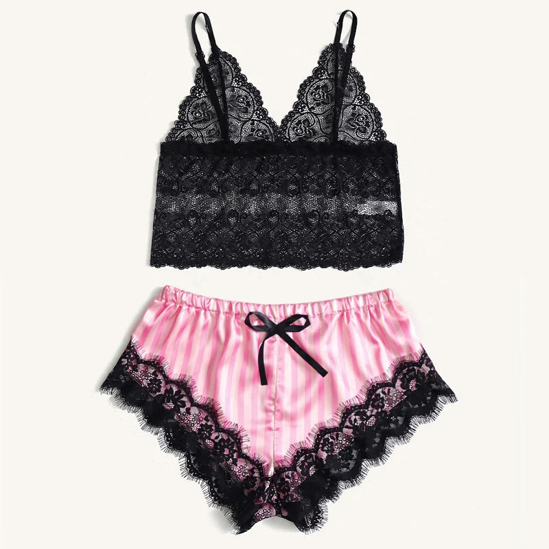 Women Satin Silk Pajamas Set 4 Pcs outfit Sexy Striped Lace Nightwear Sleepwear Ladie Lingеrie Robe Pajama Pants New in Matching