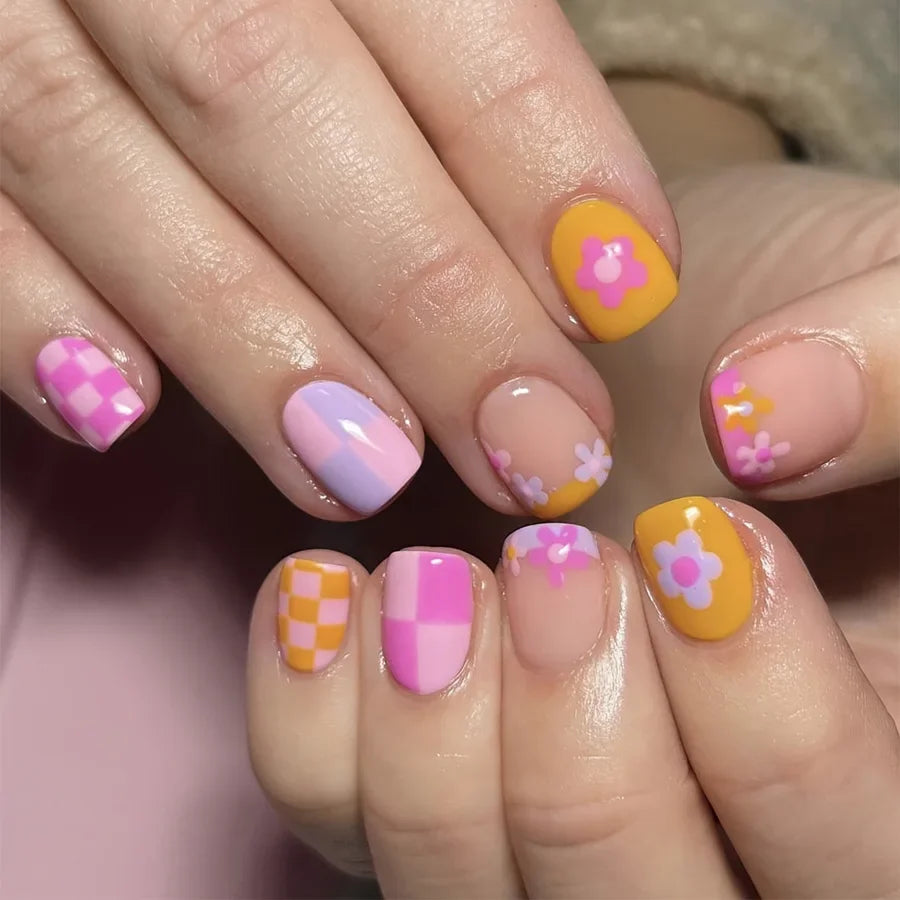 24pcs/box Glossy Short Square Fake Nails Colorful French Tip Press On Nails Flower Pattern Spring Summer False Nails For Women