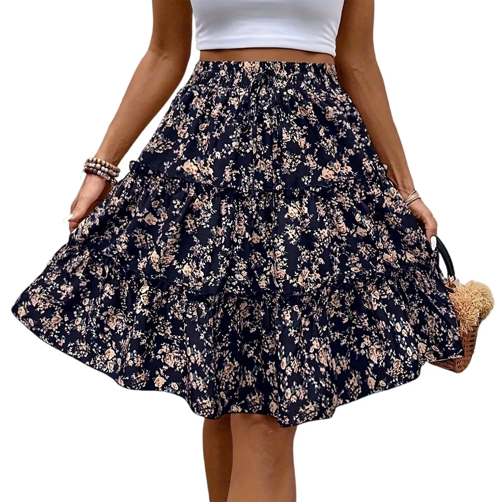 Women's Spliced Cake Skirt Fashionable Floral Print Elastic Waist Strap Versatile Casual Skirts Comfortable knee-length skirt