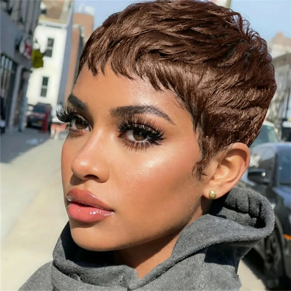 straight layered machine made brown black burgundy color for women daily party use wig 4inch pixie cut short human hair wig