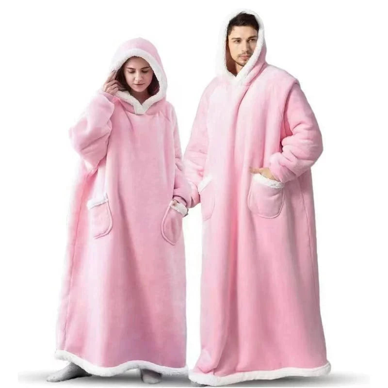180cm Super Long Flannel Blanket Pyjamas with Sleeves Winter Hoodies Sweatshirt Women Men Pullover Fleece Giant Oversized Outdoo