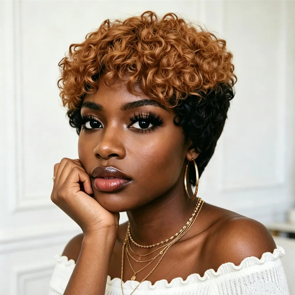 1B/30 Curly Pixie Human Hair Wig