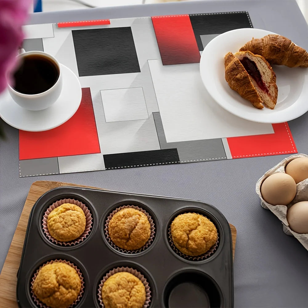 1pc Geometric Placemats, Abstract Modern Art Placemats For Dining Table, Red White Black Blocks Fabric Decoration Room Decor