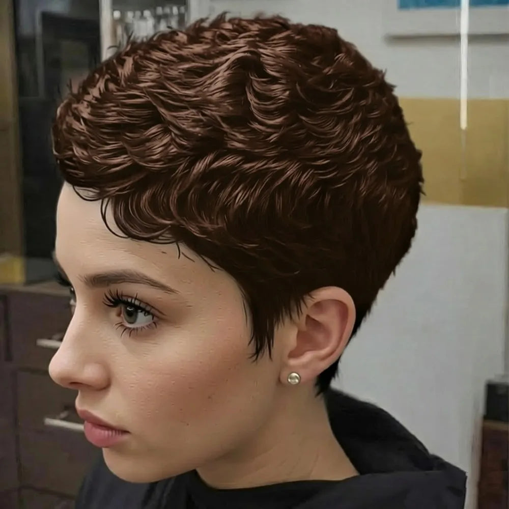 Peluca de pelo humano Remy hecha a máquina, corte pixie, corto, liso, en capas, negro natural/99j/30, de 4 pulgadas y 150% de densidad.