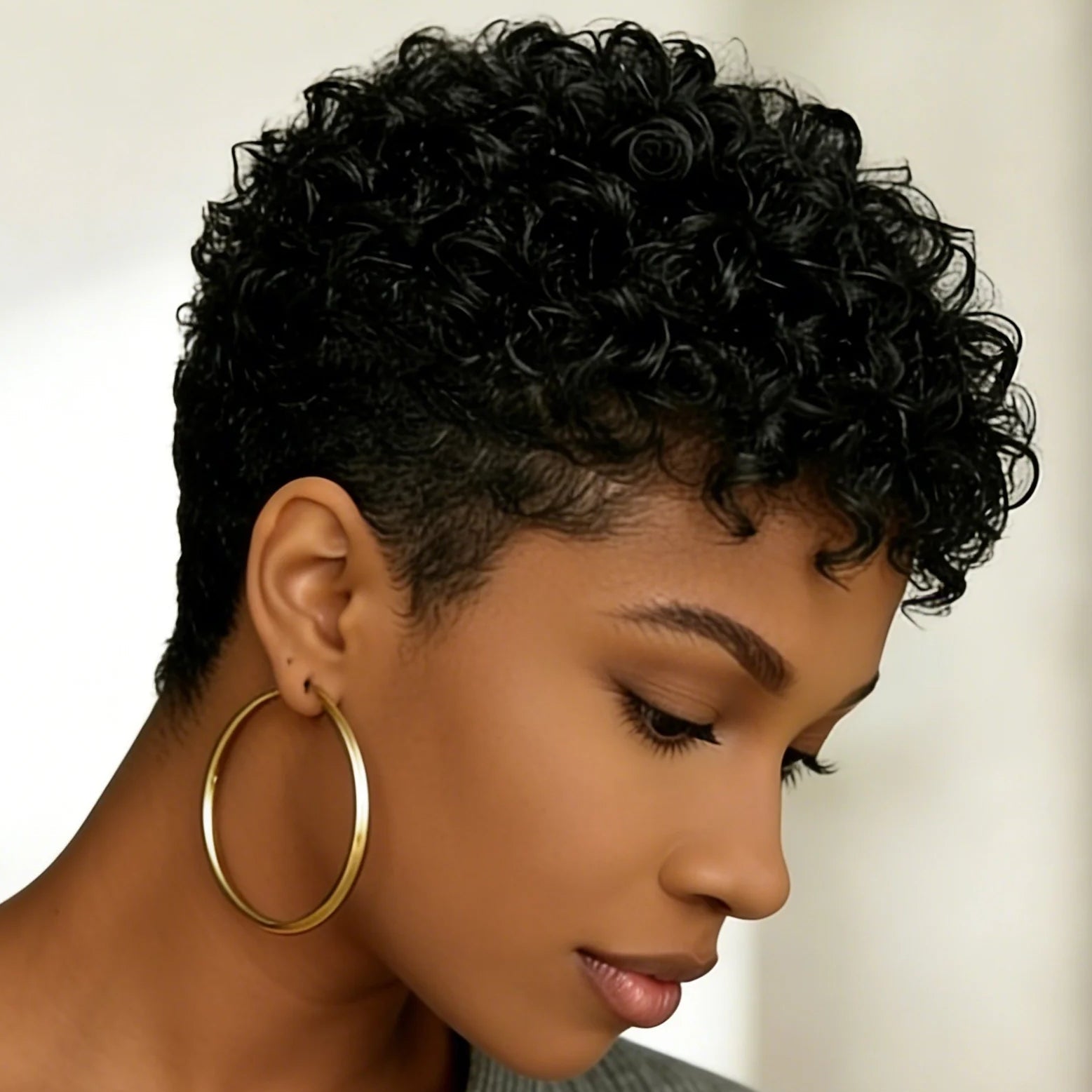 Perruque bouclée en cheveux humains de coupe pixie
