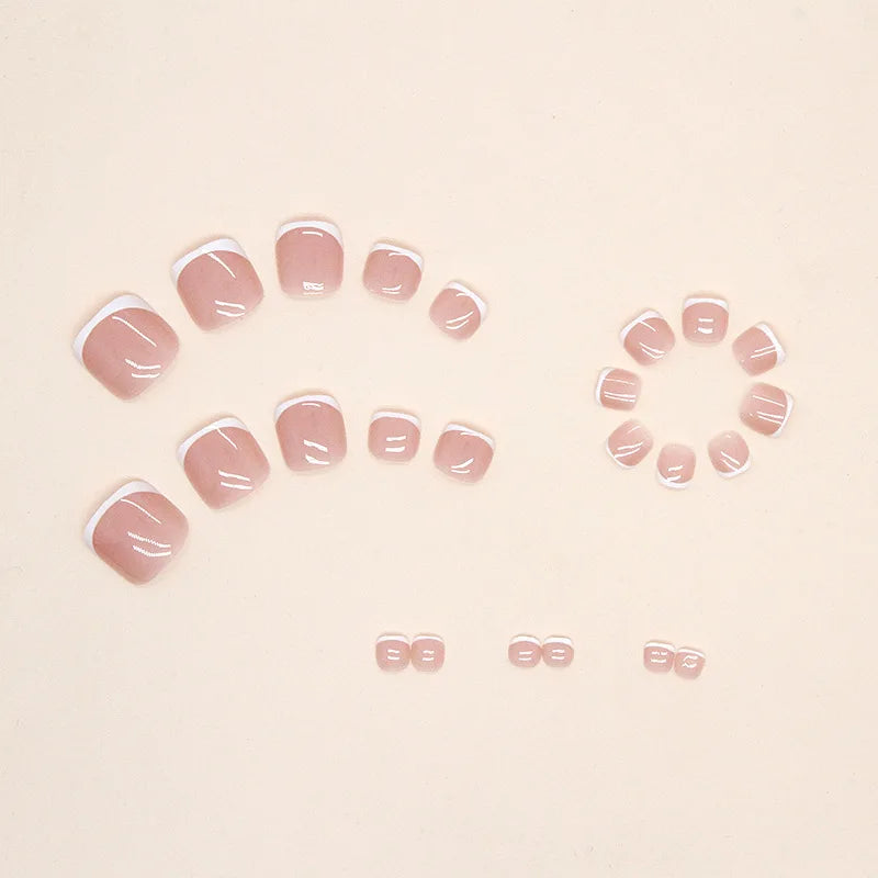 24pcs French Fake Toenails Pink Gradient Full Cover Short Square Toe Nails Foot Nails Tips for Women Girls