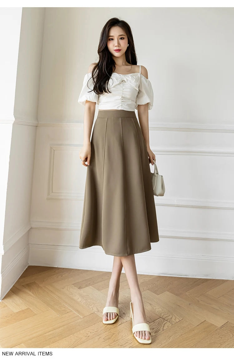 Women's Skirt Spring Women High Waist Solid Vintage Girl's Waist Down Skirt Knee-length A-line Fashion Thin Skirt for Women