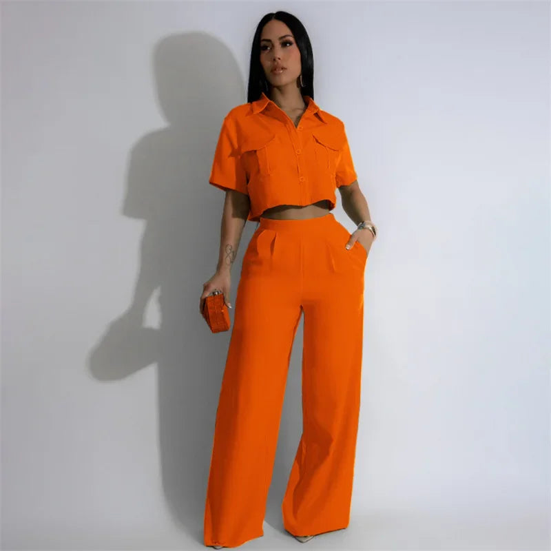 Conjuntos de pantalón elegante sólido de mujer, atuendo de 2 piezas para verano 2024, top de camisa con botones, cuello vuelto y bolsillos, y traje de pantalones de pierna ancha