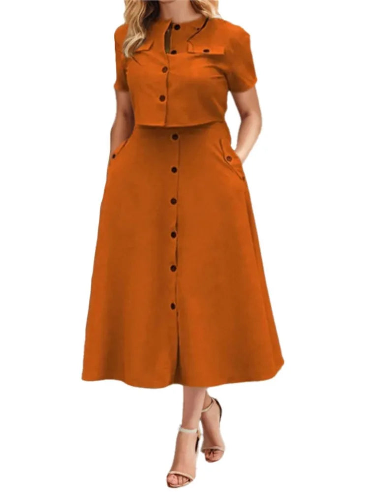 Spring Summer New Women's Clothing Elegant Solid Color Casual Short Top Single Breasted Skirt Fashion Set