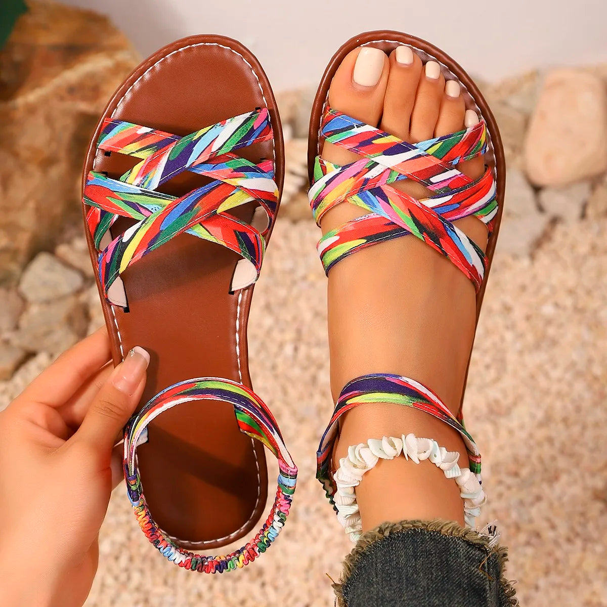 Shoes for Women Summer New Women Flat Sandals Bottom Roman Strap Sandals with Non Slip Rubber Soles Ladies Daily Sandalia