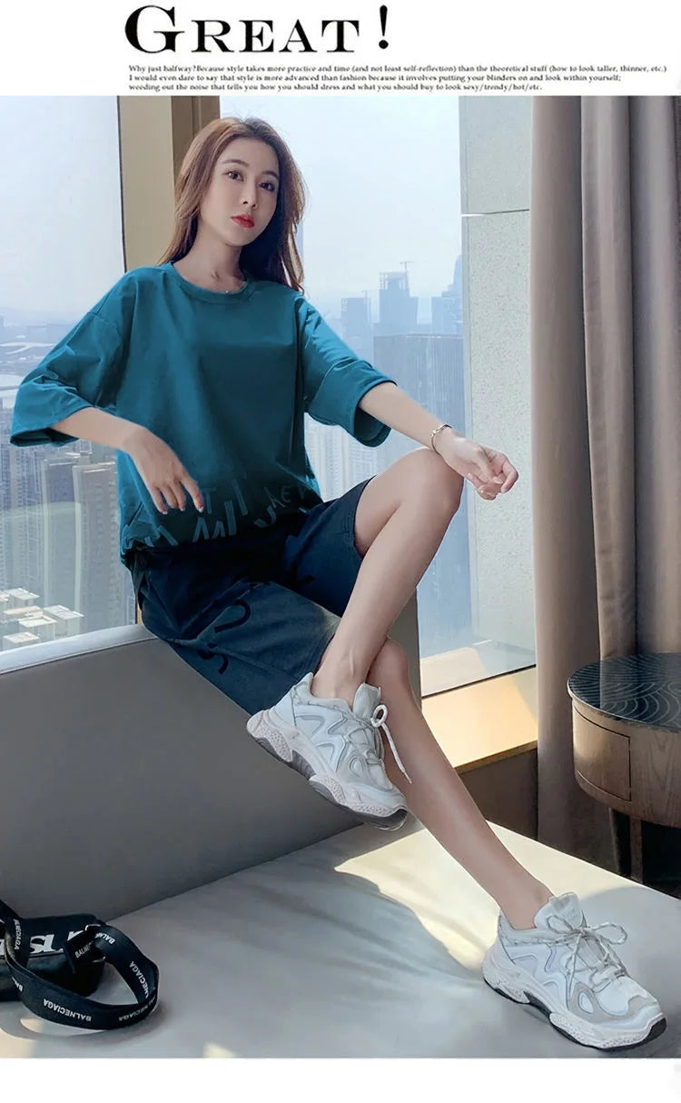 Women's Casual Sports Short Suit Summer New Fashion Fried Street Long T-shirt Crop Tops 2 Two Piece Set For Women Tracksuit
