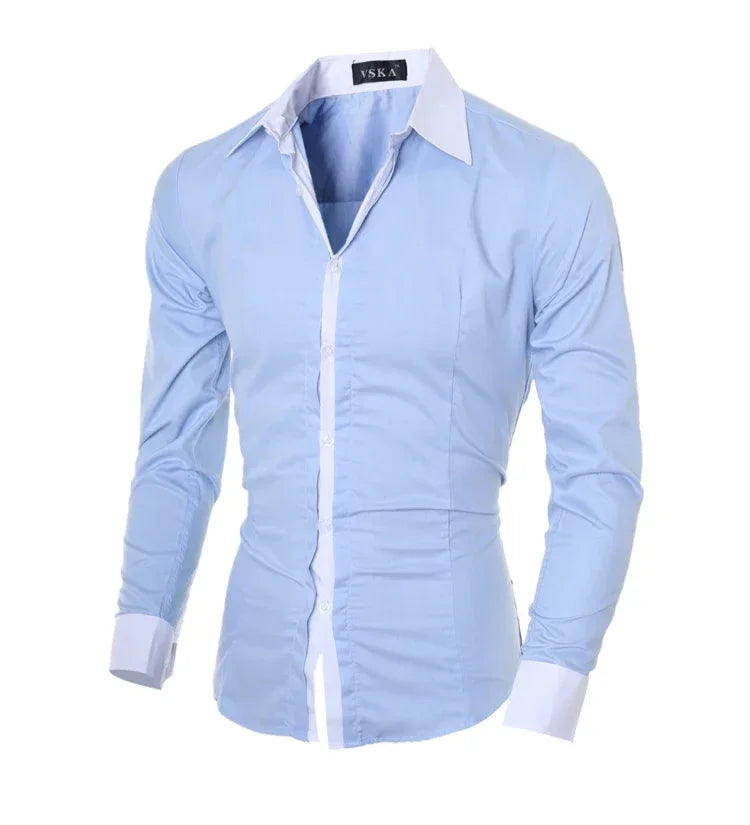 Men Long Sleeve Shirt Spring Striped Shirts Slim Fit Male Casual Social Patchwork Shirt Turn-down Collar Camisa Masculina