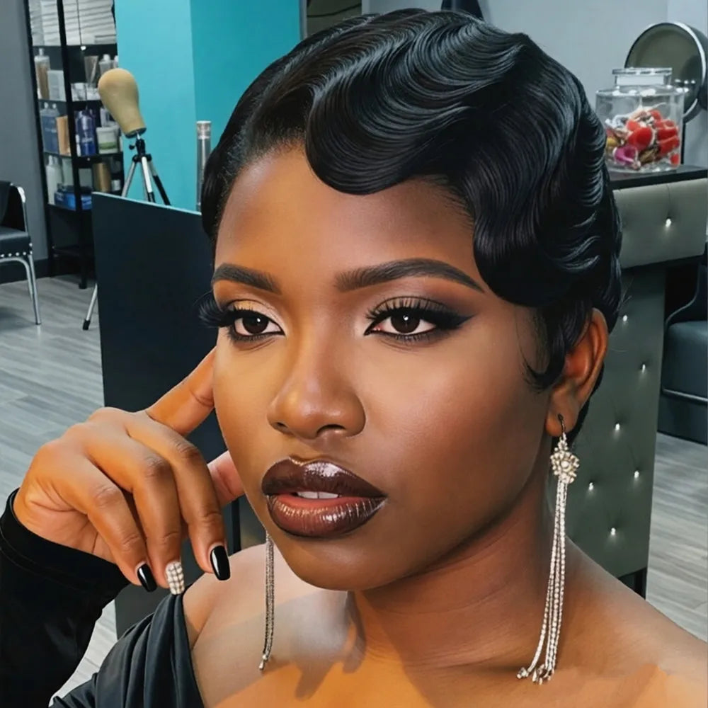 natural black color pixie cut wig short finger wave human hair wig pixie wig for women daily party use wig  machine made