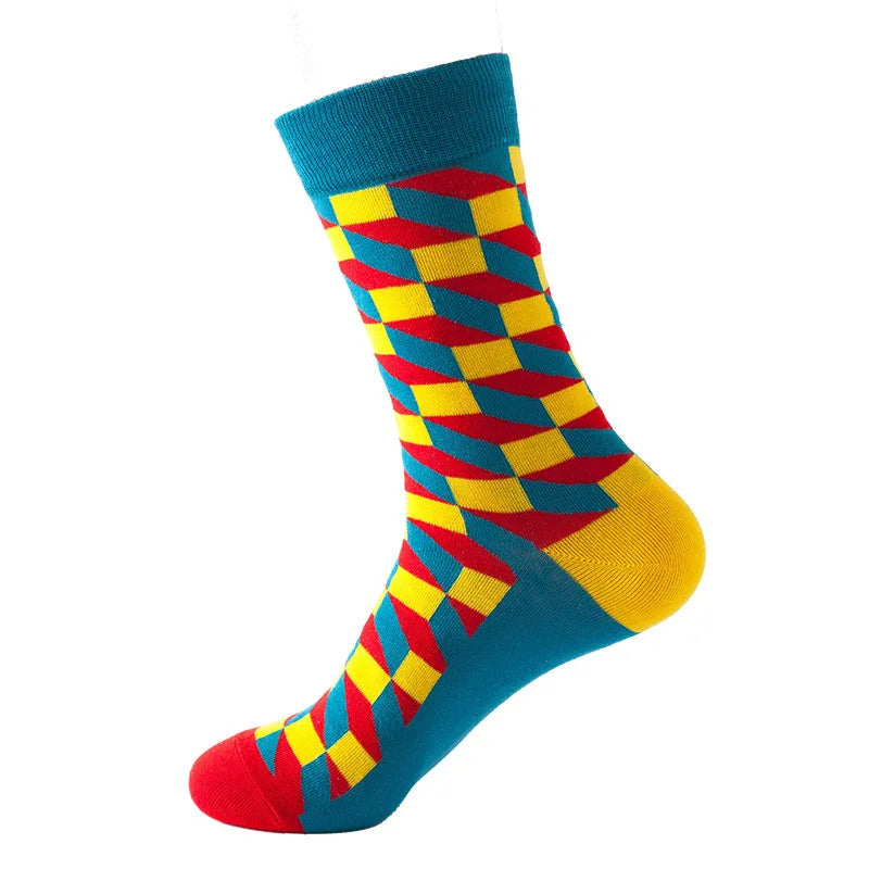 49 Patterns Fashion Business Men 100% Cotton Happy Lattice Socks Unisex Boys Combed Hip Hop Street Skateboard Funny High Sox Set