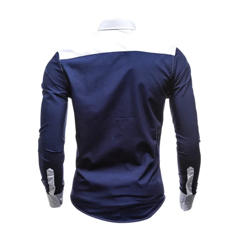 Men Long Sleeve Shirt Spring Striped Shirts Slim Fit Male Casual Social Patchwork Shirt Turn-down Collar Camisa Masculina