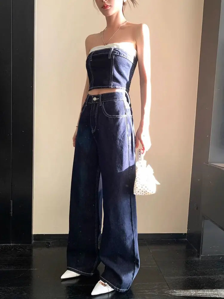 Pants Set Women's Summer Blue Contrasting Strapless Hot Girl Top High Waist Slimming Denim Pants Two-piece Set Female Clothes