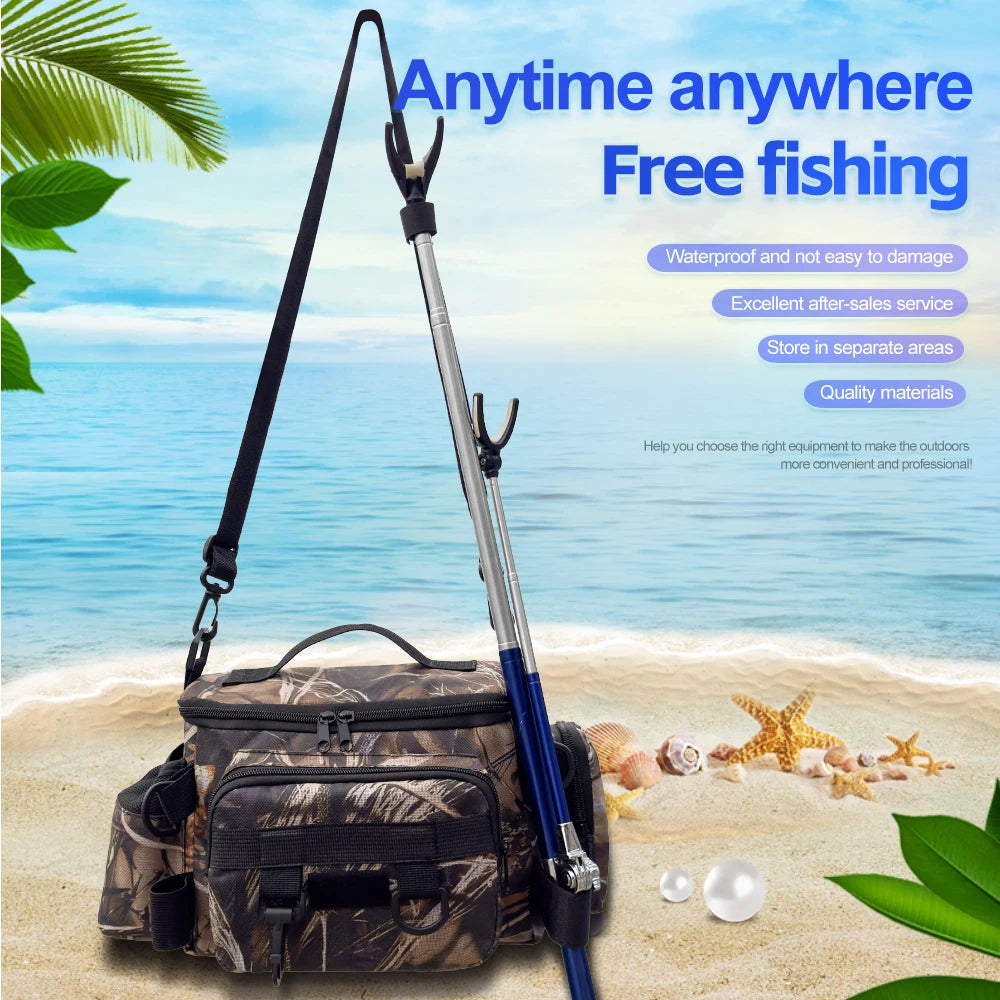 Mochila de pesca, caja de señuelos, bolsa de almacenamiento de aparejos, riñonera para hombres, mochila de pesca con mosca con soporte para caña, bolsa de hombro.