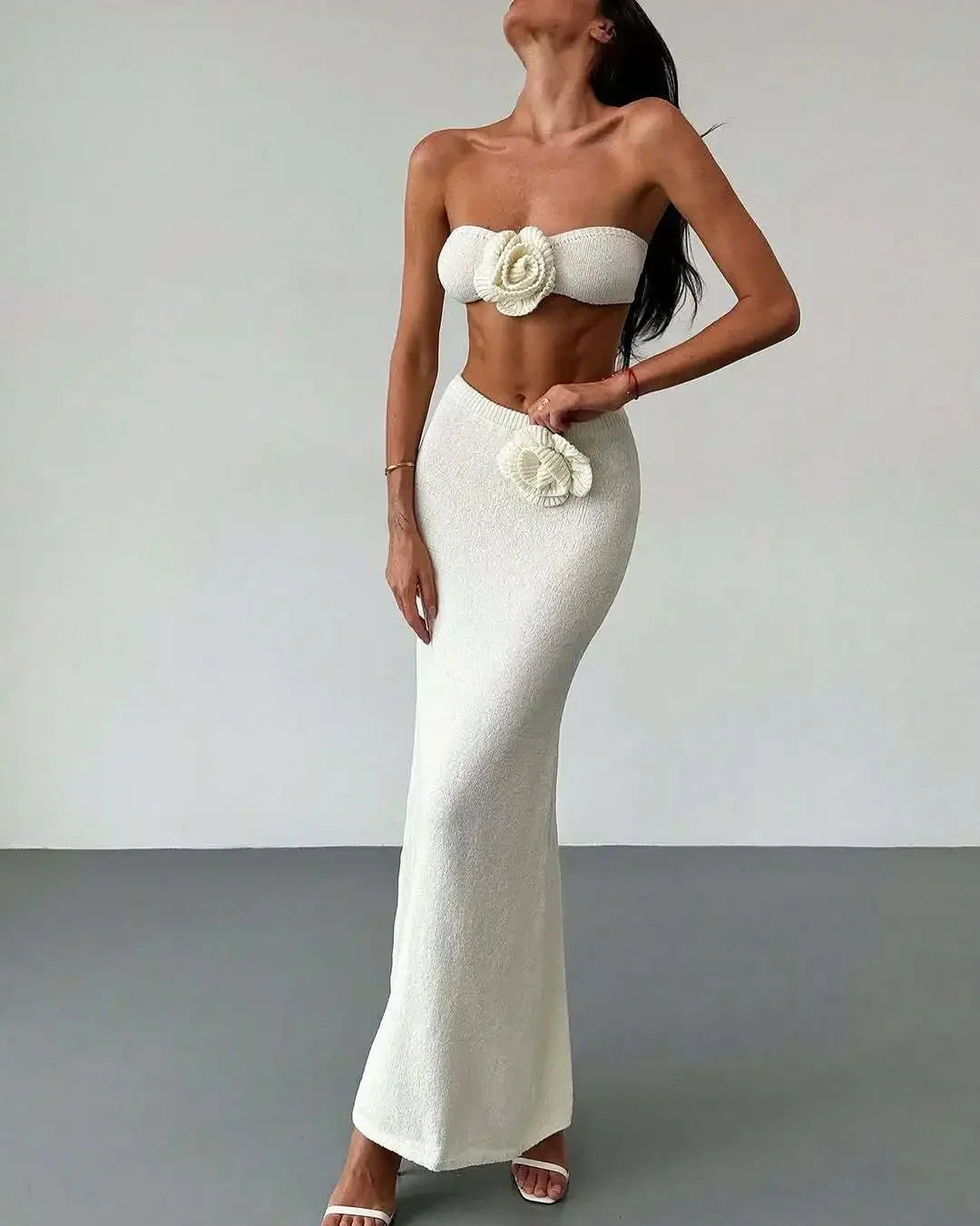 Female Knit 2 Piece-Set Long Skirt Floral Patchwork Tube Tops And High Waist Slim Beach Skirt Sets Knitwear Women Outfits