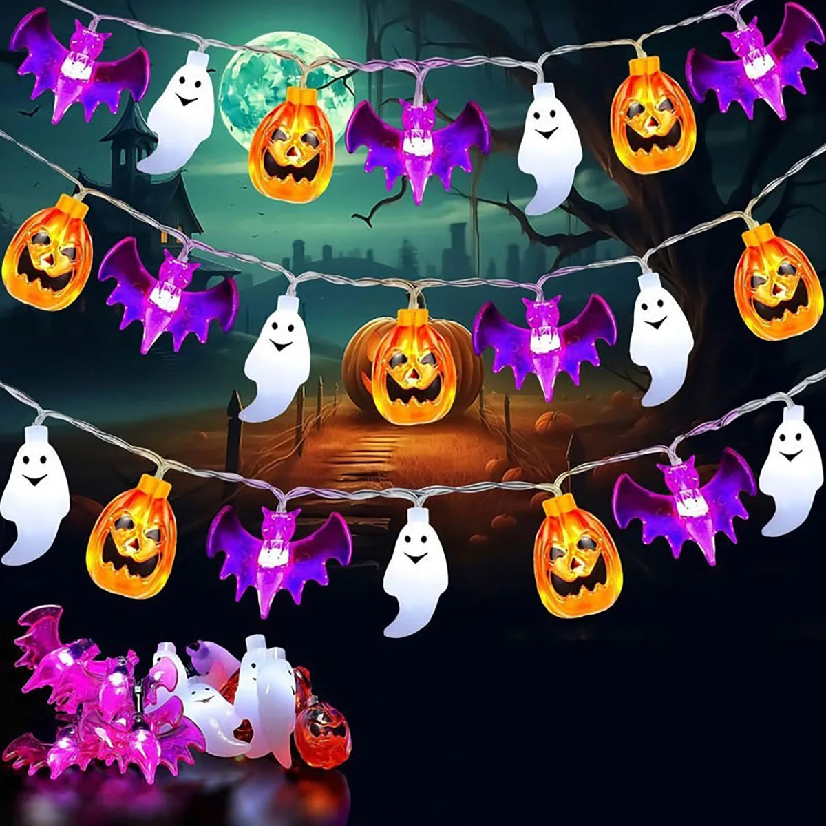 Halloween LED light string ghost bat pumpkin three in one light string holiday decoration colorful lights full of atmosphere