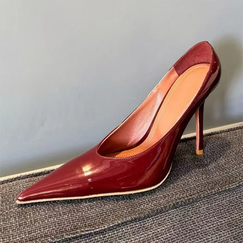 New High Heels Shoes Woman Pointed Toe Slip-on Women Pumps Patent Leather Thin Heels Runway Mules Shoes For Women