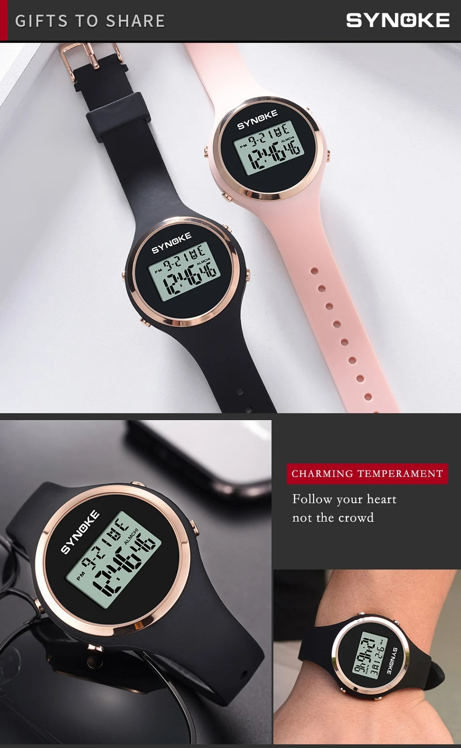 SYNOKE Women's Watch Digital Women Dress 50M Waterproof Stopwatch Sports Luminous Multifunction LED Electronic Wrist Watch Lady