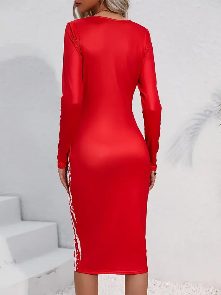 Notch Neck Splicing Bodycon Dress – Elegant Long Sleeves for Spring & Fall