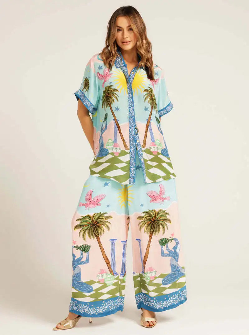 Pants Sets For Women Summer Fashion Printed Half Sleeve Shirt Suits Casual Loose High Waisted Female Wide Leg Pants Outfits
