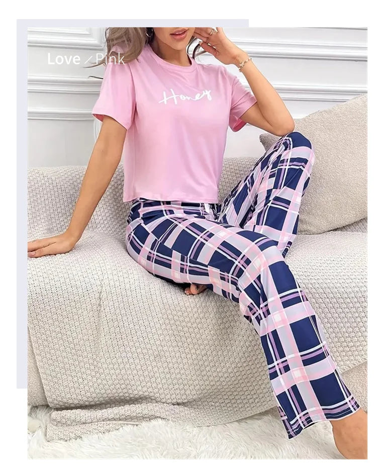 Women's Pajamas Set Soft Comfortable Letter Print T-Shirt & Plaid Long Pants Sleepwear 2 Pieces Home Clothes Loungewear Pyjama