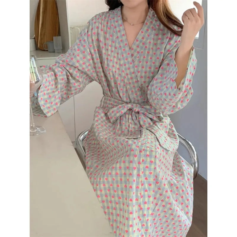 Bata de baño para mujer, estilo kimono largo y holgado, con cuello en V, cordones, pantalones a cuadros, bata de dormir sexy para mujer/niña.