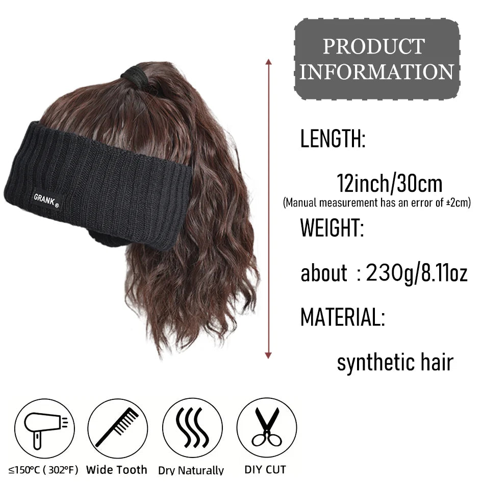 Gorro de punto de 12 pulgadas negro sintético con parte superior hueca, extensiones de peluca de cola de caballo con ondas de agua, logotipo bordado, invierno cálido, Navidad