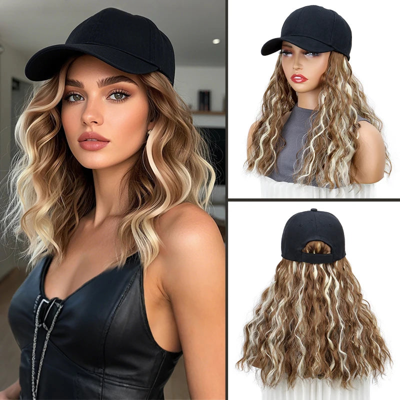Synthetic 18Inch Long Curly Elegant Black Baseball Cap Hat Wig Heat-Resistant Hair Easy Wear Versatile for All Occasions