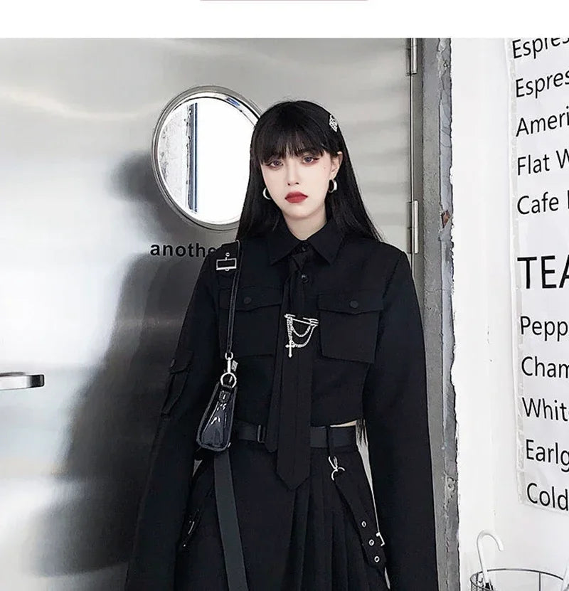 Women Two-Piece Skirt Spring Oversize 4XL Black Punk Chain Ribbon Skirts Ladies Suit Female Dress Sets Harajuku Streetwear