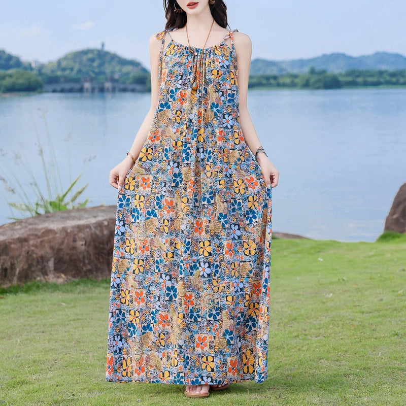 New Fashion Hot Summer Dresses For Women  Casual Flower Print Floral Sleeveless Dress Vintage Dress Loose Women Clothing
