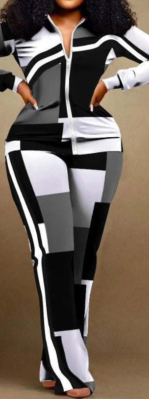 Two Piece Set Women Outfit Autumn Fashion Geometric Print Stand Collar Long Sleeve Zip Up Top & Casual Sporty Pants Set