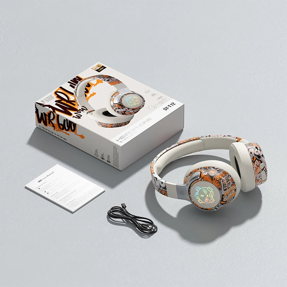 Bluetooth 5.3 Gaming Headset- RGB Lights Wireless Headphones, Low Latency Mode, Noise Cancelling Mic, Comfort Earmuffs for PC