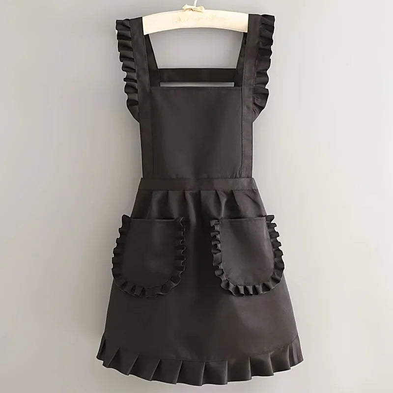 Tablier de cuisine coréen - Tablier de style princesse, bretelles réglables au cou et à la taille avec poches adaptées à la cuisine et aux studios de manucure