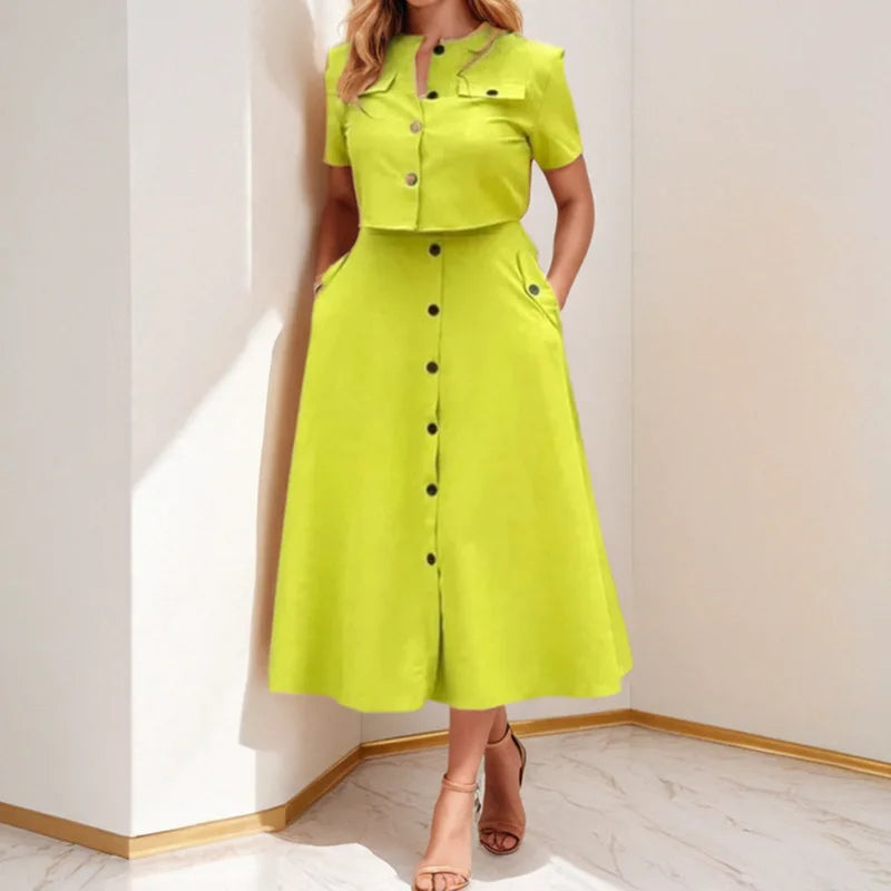 Spring Summer New Women's Clothing Elegant Solid Color Casual Short Top Single Breasted Skirt Fashion Set