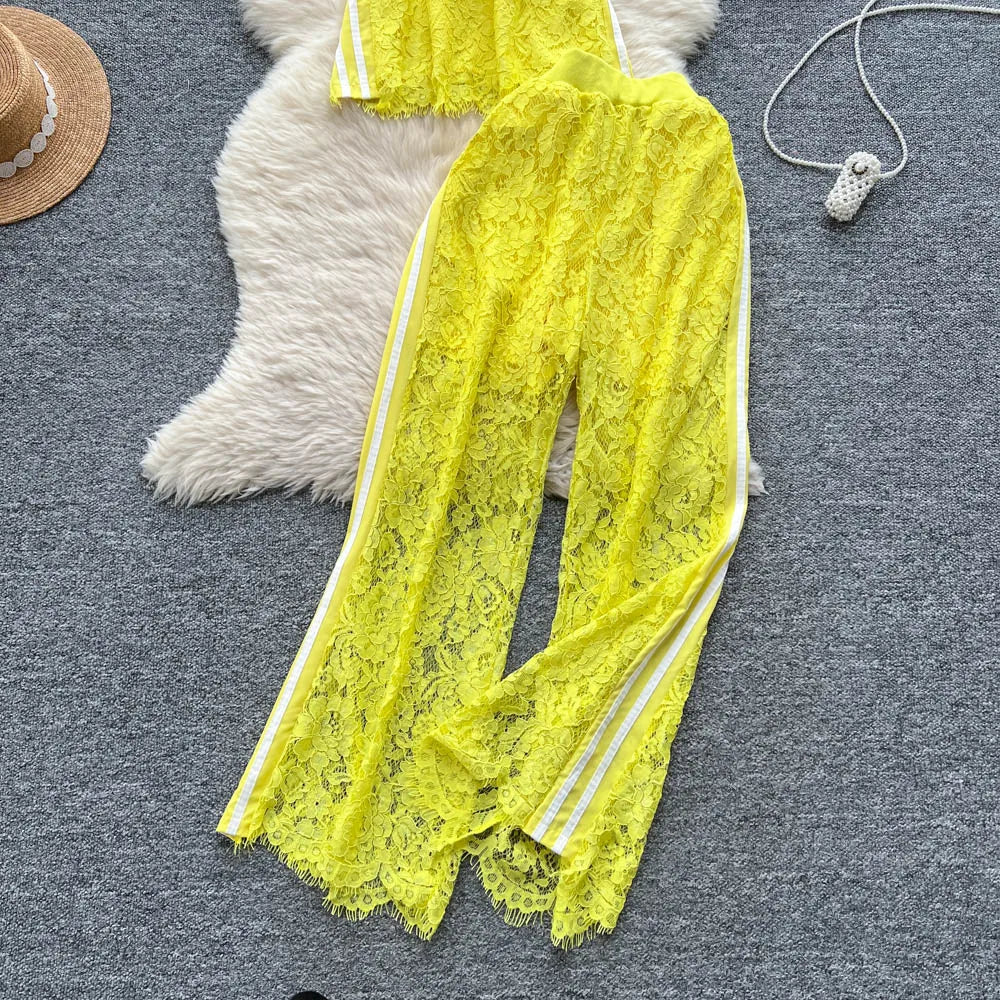 Women Two Pieces Sets Spliced lace Off Shoulder Slip Top and Fashion Hotsweet High Waist Elastic Waist  Wide Leg Pant Sets