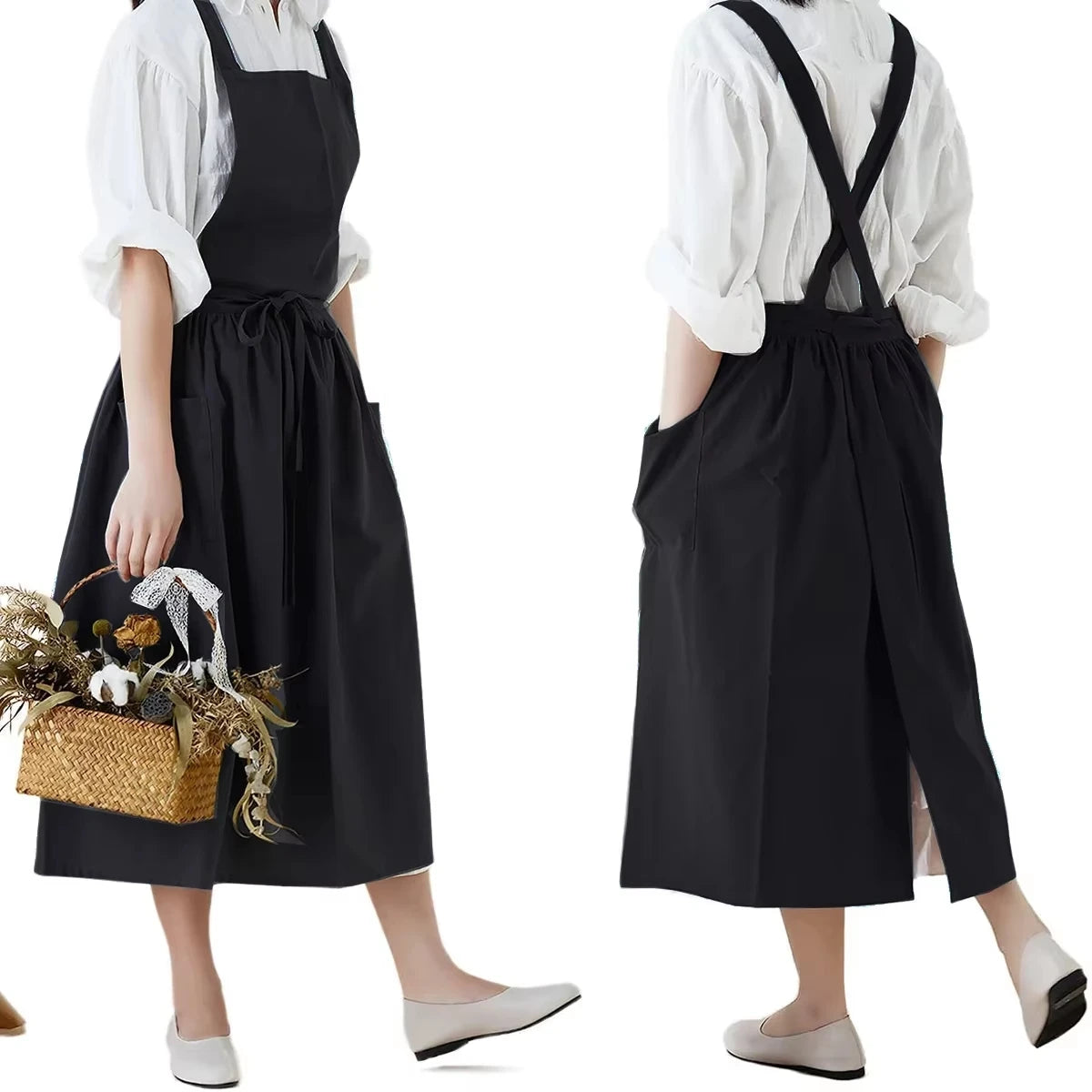 Waterproof Women Girls Vintage Apron Adjustable Gardening Works Cross Back Cotton/Linen Blend Aprons Pinafore Dress
