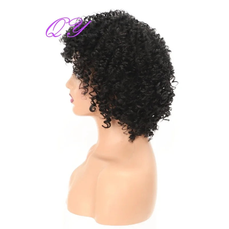 Short Afro Kinky Curly Wig With Bangs Synthetic Hair For Black Women Natural Looking Daily or Party Wear