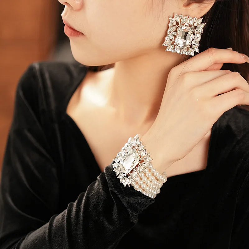 Inlaid Rhinestone Geometric Pearl Jewelry Set Women Beaded Choker Light Luxury Multi-layer Necklace Fashion High Sense Earring