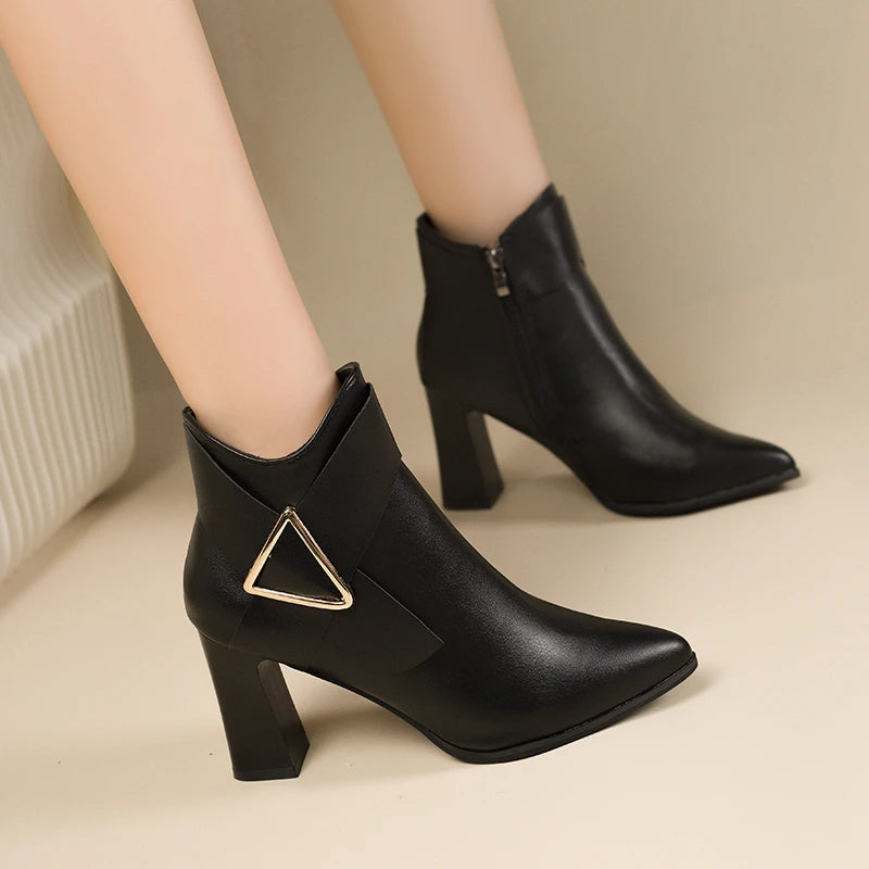 Women's High Heeled Bare Boots Fashionable Mid-heel Casual Chelsea Boots Winter New Women's Back Zipper Botines De Muje