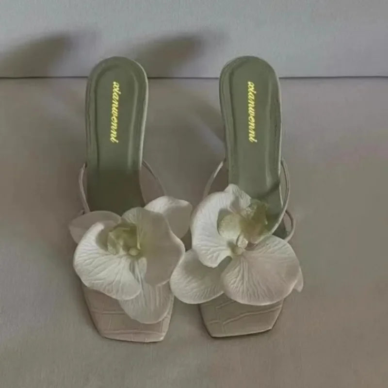 Brand Shoes Female Summer New Elegant Flowers Design Women's Slippers Casual Fashionable Outer Wear High Heel Slides Women