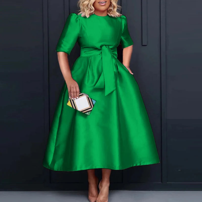 VONDA Elegant Women Satin Short Sleeve Midi Dress Summer Vestidos Casual Belted Loose Solid Color Long Sundress Oversized