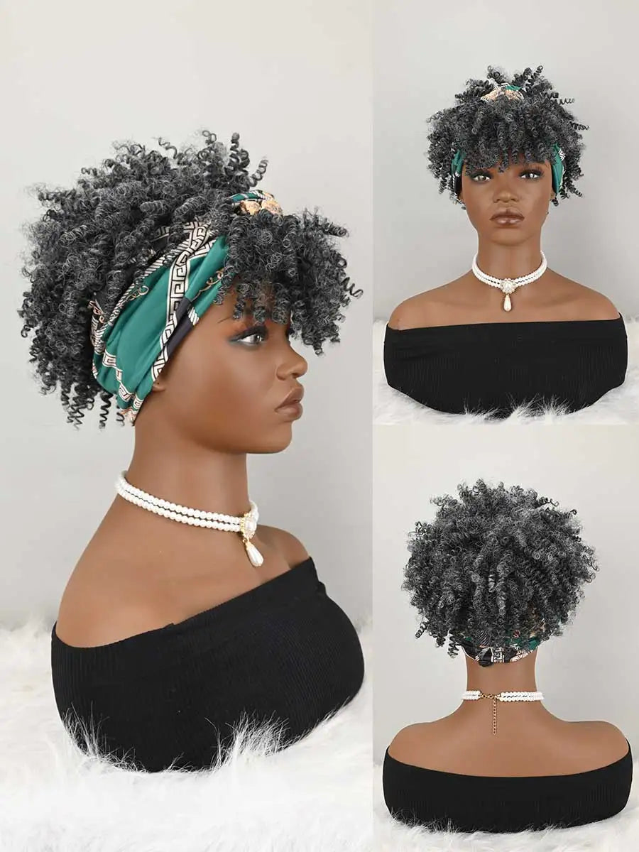 Headband Wigs For Women Afro Kinky Curly Wig With Synthetic Short Hair Wigs With Headband Attached Headwrap Wigs
