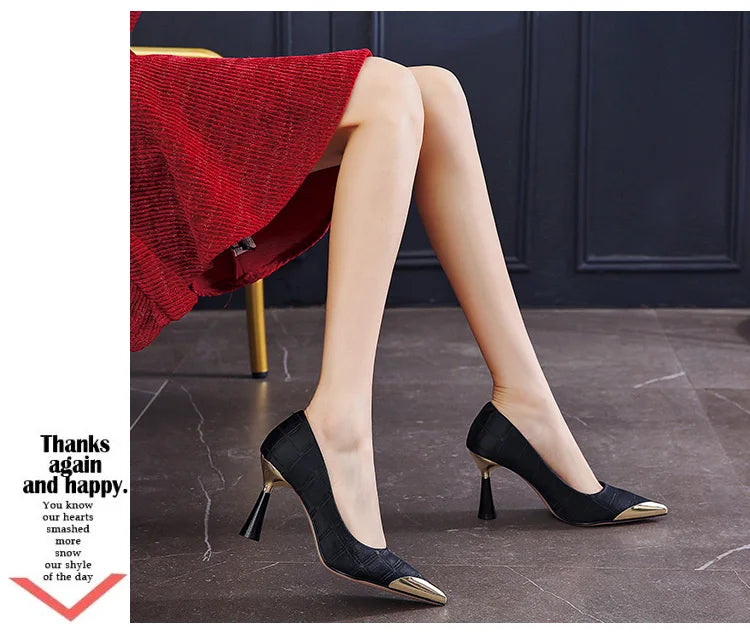 Metal Pointed Slender Heels for Women Gentle Black Pumps for Women Elegant Evening Dress Party Shoes