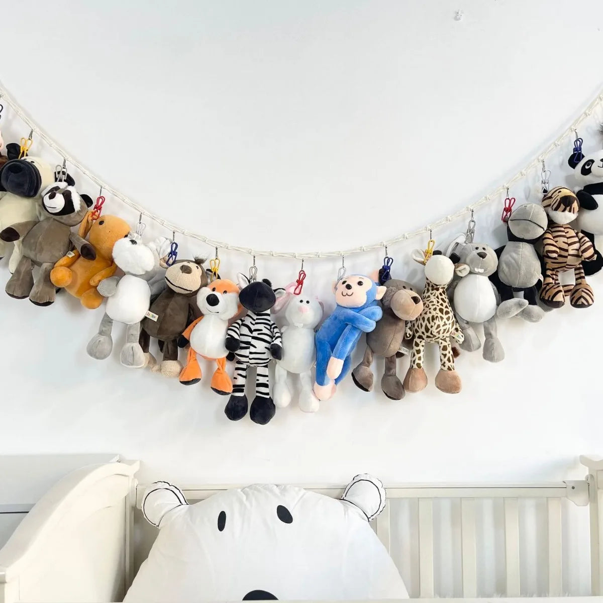 Stuffed Animals Toy Display Holder with 20 pcs Clips Boho Macrame Wall Hanging Storage Chain for Bedroom Nursery Play Room Decor