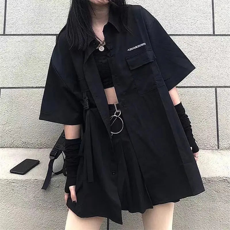 Gothic Skirt Set Long Sleeve Shirt Pleated Skirt 2 Piece Sets Women's Dark Clothes Korean Retro Casual Outfit Fashion Y2k Suit