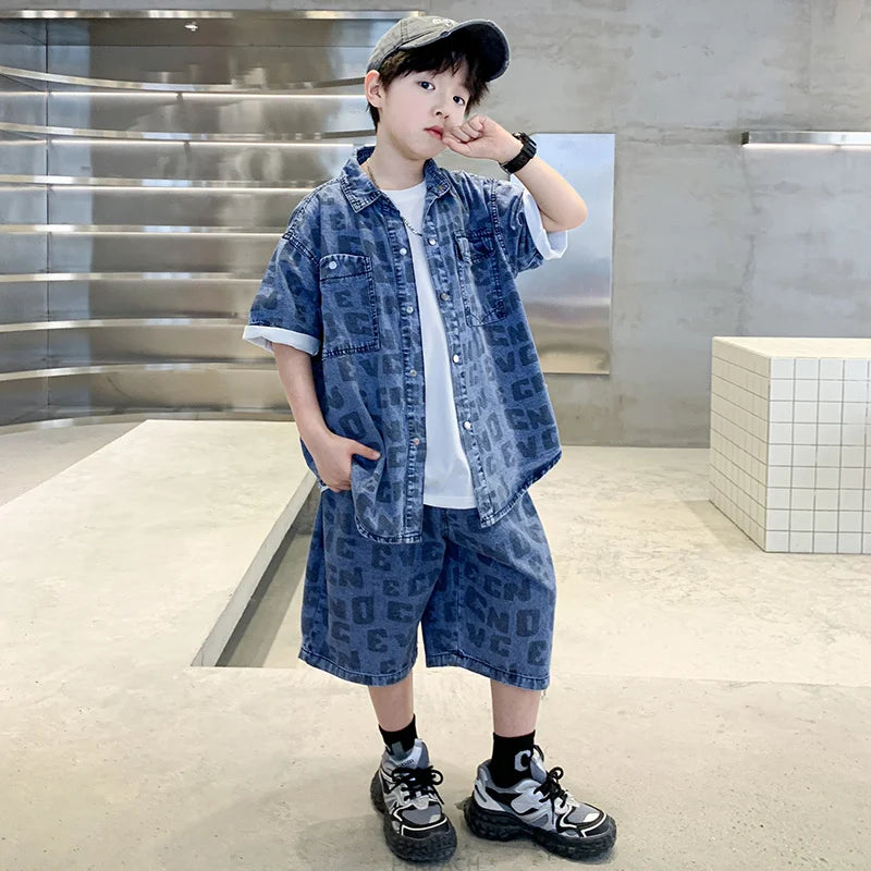 Conjunto de ropa casual de verano para niños Camisa y pantalón corto vaquero de 2 piezas para adolescentes y niños Traje de estilo urbano fresco