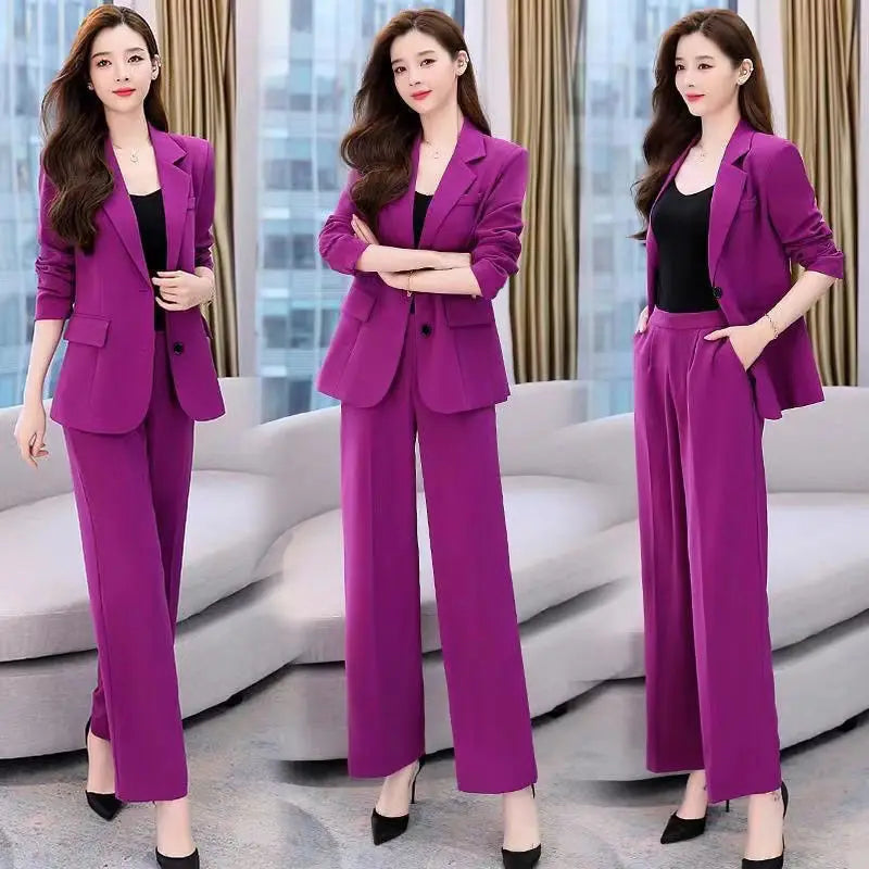 Women's Fashion Professional Suit Korean Elegant Spring Autumn New Casual Blazers Coat + Pants Two-piece Set Femlae Clothing
